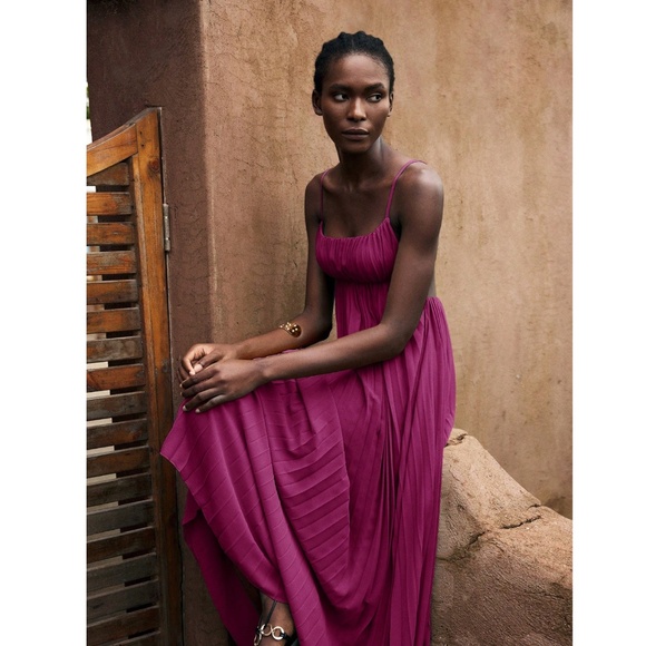 Purple Pleated Maxi Babydoll Dress Open Back Flowy Skirt Tie Straps - Picture 4 of 10